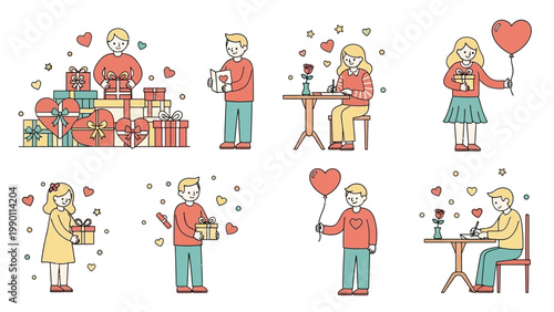 Collection of people celebrating Valentines Day with gifts and romantic gestures.