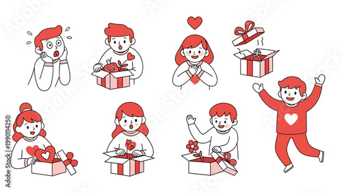 Collection of people expressing various emotions while opening gift boxes, celebrating love and surprise.