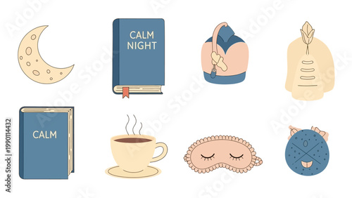 Collection of sleep and relaxation themed items for a calm night.