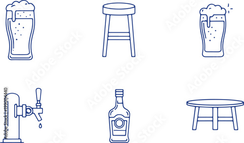 Collection of bar items beer tap glass bottle stool table blue line art on transparent background.
