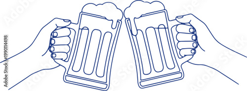 Two hands clinking beer mugs with foam for celebration isolated on transparent background.