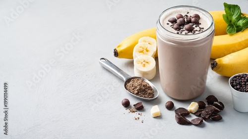 Banana chocolate protein smoothie with powder and fresh ingredients – healthy fitness drink
