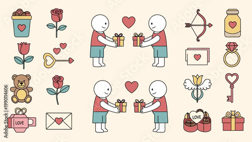 Collection of Valentines Day themed illustrations featuring couples exchanging gifts and romantic symbols.