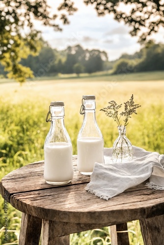 Fresh milk bottles on rustic wooden table with countryside view