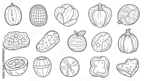 Collection of various hand-drawn fruits and vegetables in outline style.