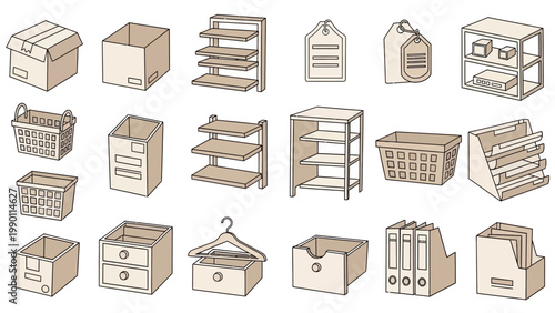 Collection of various storage and organization containers and furniture.