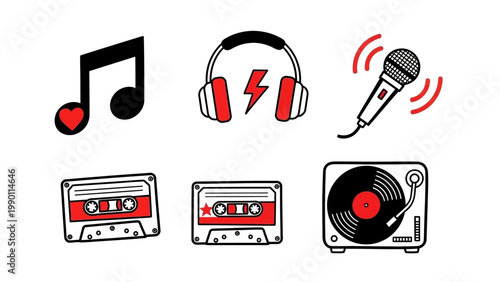 Collection of vintage music icons and symbols for audio and sound.