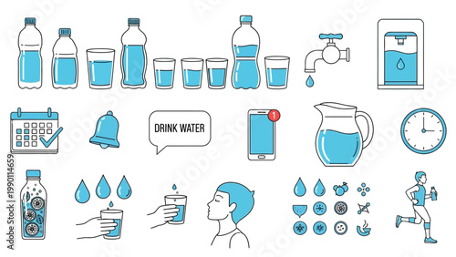 Collection of water related icons and illustrations for health and hydration.