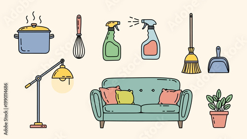Colorful hand-drawn illustration of essential household items and domestic objects.