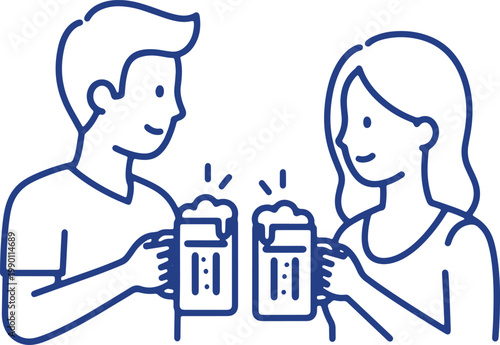 Couple toasting with beer mugs, celebrating cheers, happy faces, casual gathering, enjoying drinks together.