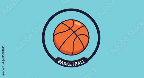 Circular emblem featuring a textured orange basketball with the word basketball written at the bottom on a blue background.