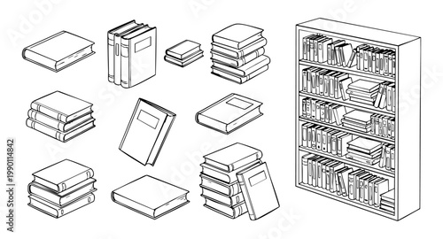 Various vector book illustrations and a filled bookshelf graphic, perfect for educational or library designs.