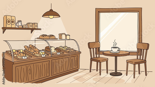 Cozy Bakery Interior with Display Case and Seating Area.