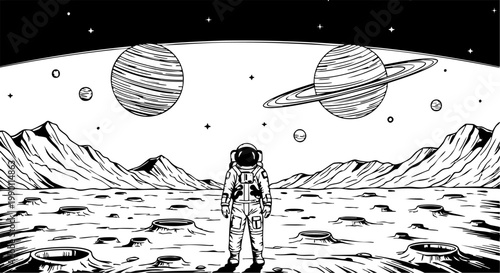 Vector illustration featuring an astronaut standing on a cratered alien planet contemplating cosmic exploration.