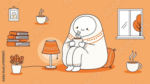 Cozy character wrapped in blanket enjoying hot drink.