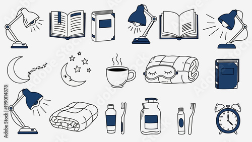 Cozy Evening Routine Doodle Collection for Relaxation and Comfort.