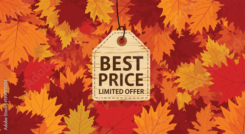 Wooden texture price tag with best price limited offer text hanging over a background of colorful autumn maple leaves.
