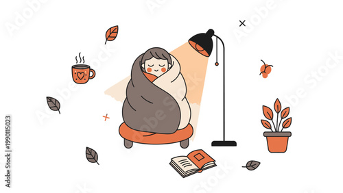 Cozy Person Wrapped in Blanket Reading Under Warm Lamp Light.