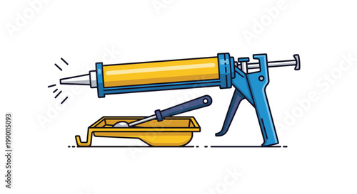 Professional caulking gun tool shown with a yellow applicator tray and a spreading tool for home renovation and construction maintenance tasks.