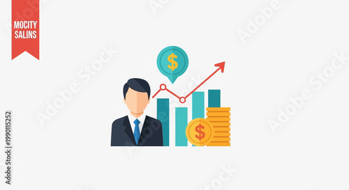 Businessman with financial growth chart and currency symbols illustration