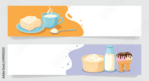 Set of two horizontal banners showcasing dairy products like cottage cheese, milk bottles, and ice cream cones for farm fresh food marketing.