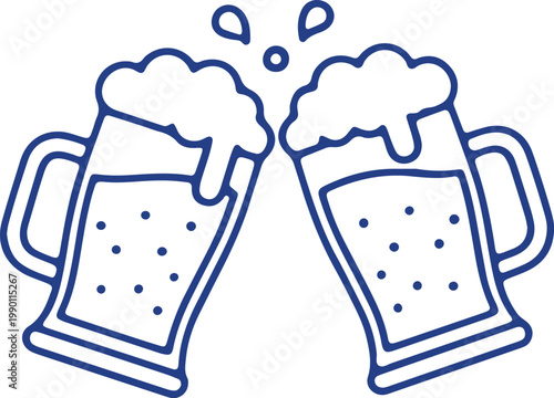 Two beer mugs clinking together with frothy heads and bubbles isolated flat icon.