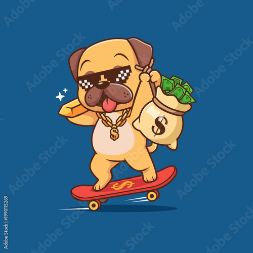 Cool pug dog riding skateboard with money bag.