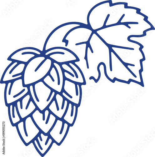 Blue hop cone with leaves outline symbol for brewing and craft beer making on white.