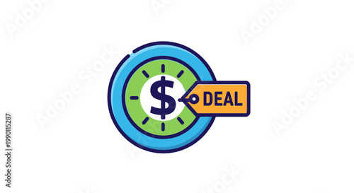 Clock icon with dollar sign and deal tag on white background