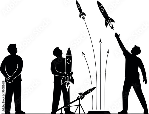 Silhouetted figures launching fireworks during a nighttime celebration creating a dynamic and festive atmosphere with bright trails