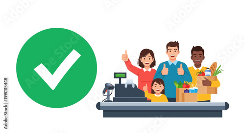 Family shopping together at checkout with thumbs up gesture happy and satisfied