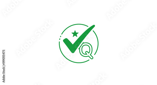 Green check mark approved icon with star and magnifying glass element