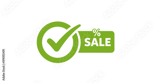 Green checkmark and sale percentage sign promotional advertising concept