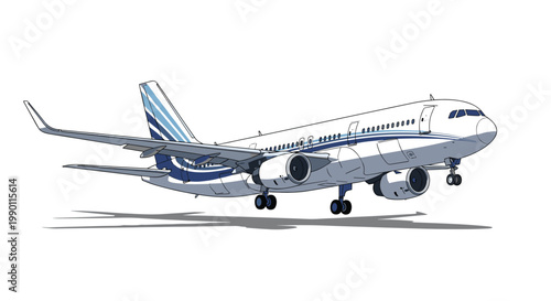 Side view illustration of a commercial passenger airplane in flight with landing gear down against a white background for travel concepts.