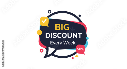 Big discount every week promotional badge with fifty percent off text and colorful abstract elements for retail marketing and sales events.