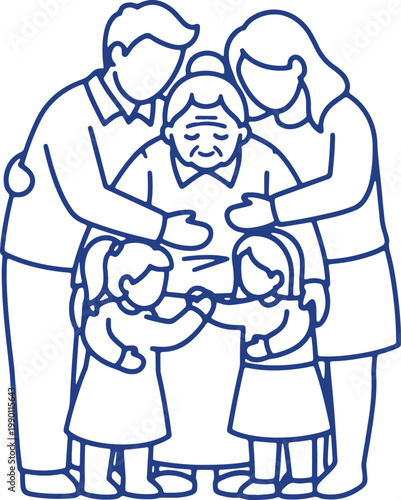 Multi-generational family hug, loving grandparents with children and parents, unity, togetherness, and support, simple line drawing.