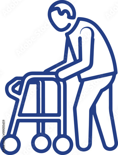 Elderly person with walker, senior mobility aid, support for elderly, assisted living, and aging gracefully, clean line art.