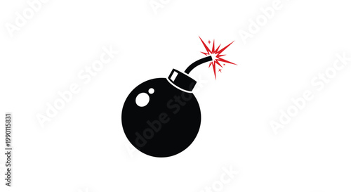 Classic black round bomb with a burning red fuse icon isolated on a clean white background for dangerous concepts and hazards.