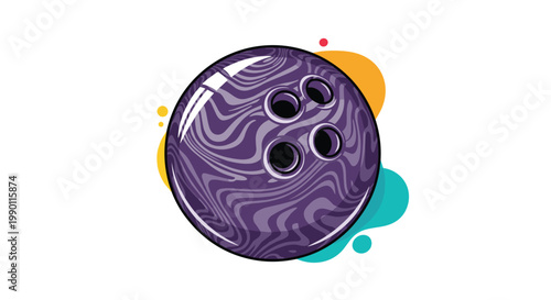 Purple marbled bowling ball with four holes over abstract colorful shapes for various sports and weekend leisure activities.