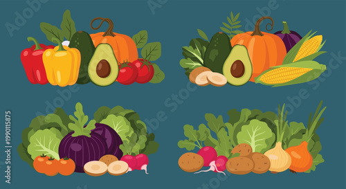 Assorted groups of fresh vegetables including pumpkin, avocado, peppers, corn, and root crops for a healthy and nutritious diet.