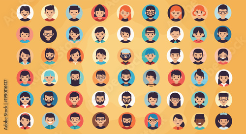 Large collection of fifty four diverse people avatar icons representing men and women with various hairstyles and accessories.