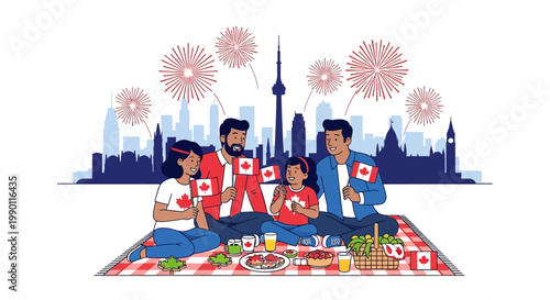 Joyful family celebration in Canada, picnicking with national flags against a backdrop of city fireworks, embodying patriotic spirit and togetherness