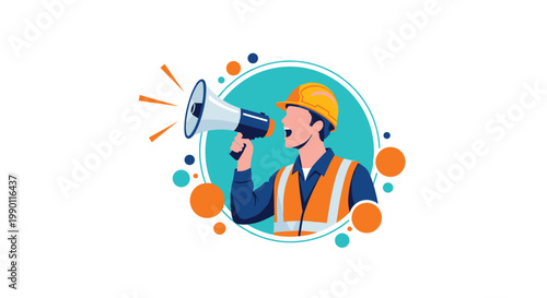 Construction worker in a hard hat and safety vest shouting into a megaphone against a blue background for announcement themes.