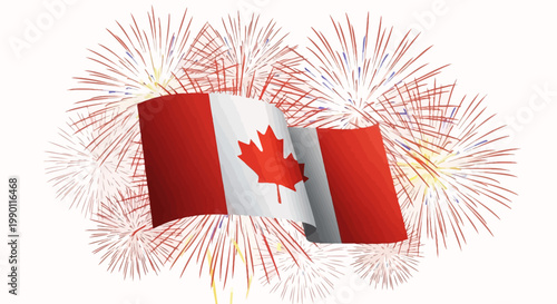 Vibrant illustration of the Canadian national flag fluttering gracefully amidst a festive explosion of colorful fireworks, symbolizing national pride and celebration for special events