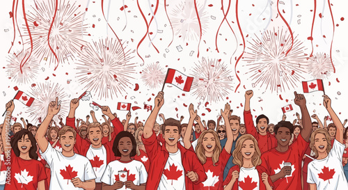 Joyful crowd of Canadians waving flags and celebrating national pride amidst a festive shower of confetti and vibrant fireworks, illustrating unity and patriotism