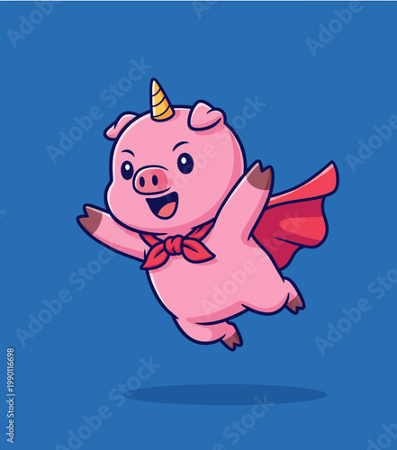 Cute Flying Pig Unicorn with Red Cape and Bowtie.