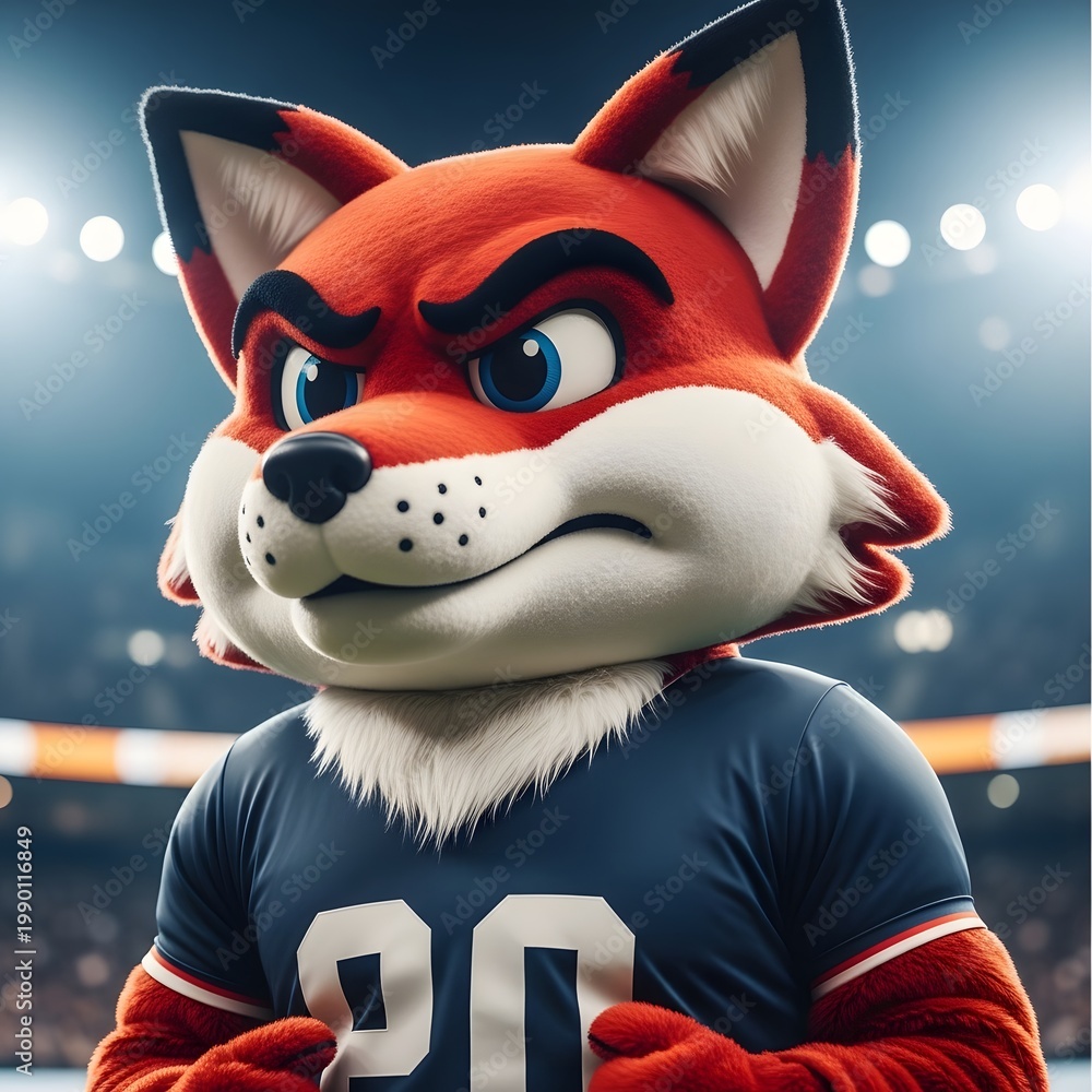 Fototapeta premium Fox mascot portrait with confident expression in stadium background, generative ai
