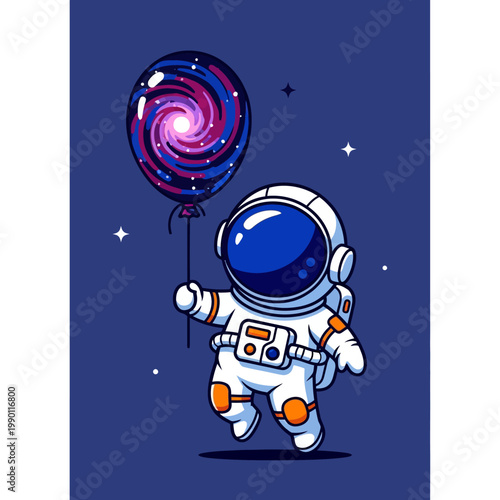 Cute astronaut holding a galaxy balloon in space.