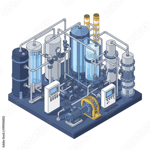 Isometric illustration of a complex industrial water treatment system with multiple tanks and pipes.