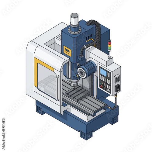 Isometric illustration of a Computer Numerical Control CNC milling machine.